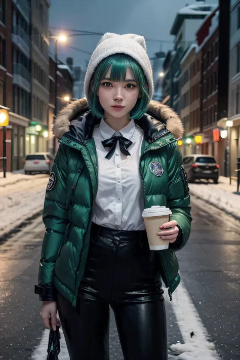 1 European girl, looking at viewer, cute short hair, messy hair, smile, closed mouth, beautiful legs, tall woman, slender legs, alone, huge chest, facing you, black pants, ass, big suit, white shirt , holding coffee cup, jk ribbon around neck, all green ha...