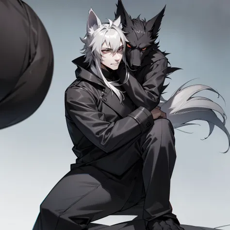 1 humanoid wolf man long coat dark eyes sitting gray snout shiny hair gray fur male person