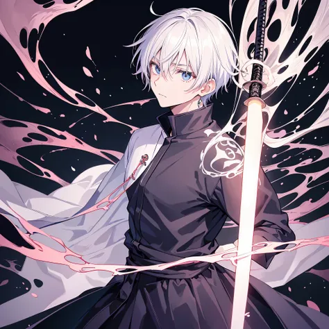 create a black Jujutsu no kaisen manga style image with a young male character extremely similar to Gaku from the Sakamoto Days manga, ele tem cabelo curto fe cor ciano claro e um capuz azul escuro quase preto, e olhos pretos, He wears red earrings and he ...