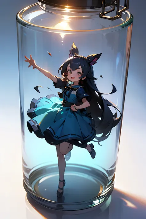 3d-illustration of a very cute girl figure in a jar, masterpiece((must)), palm-sized, cute, the face is dense((must)), tiny mini...