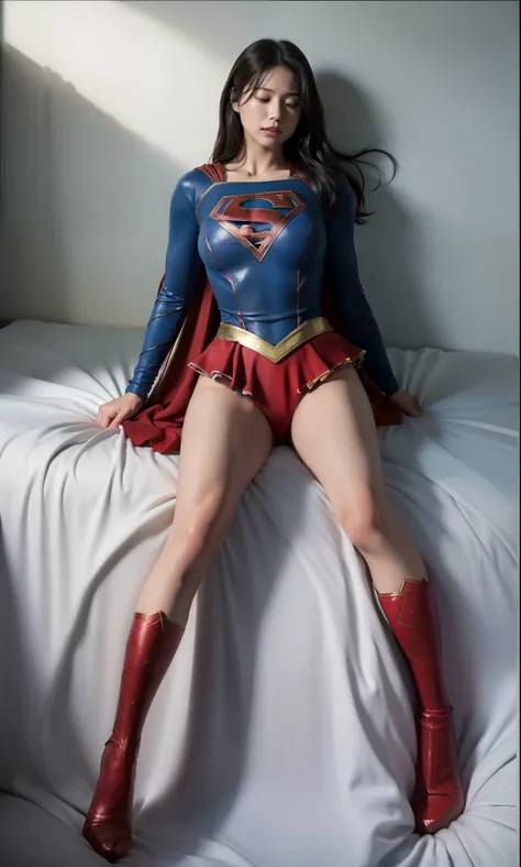 (((Highest quality、8K、masterpiece:1.3))、Supergirl、胸にSupergirlのロゴ、Eyes closed、Head facing down、hang down your neck、Sharp focus:1.2、Beautiful woman with perfect figure:1.4、Slim Abs:1.2、((Layered Cut、Huge boobs:1.2))、Wet body:1.5、非常に詳細な顔と肌の質感Supergirl、Bloodst...
