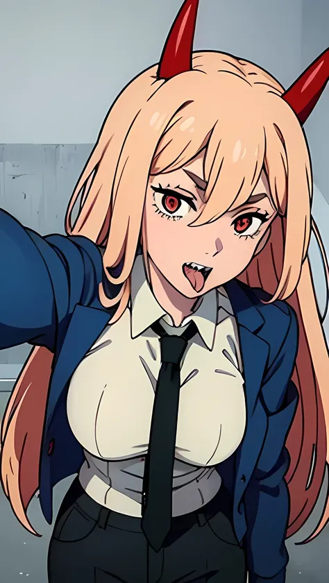 power_csm, tongue out, sharp teeth, selfie, pov, symbol-shaped pupils, red horns, jacket closure, blue jacket, collared shirt, black necktie, black pants, blonde hair, long hair, hair betwen eyes