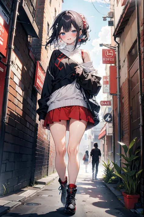 Rikka body, Affluent backstreets, Black Hair, blue eyes, Long Hair, rist scrunchie,happy smile, smile, Open your mouth,blush,Oversized red one-shoulder sweater,mini skirt,short boots,Walking,So that the whole body goes into the illustration,morning,morning...