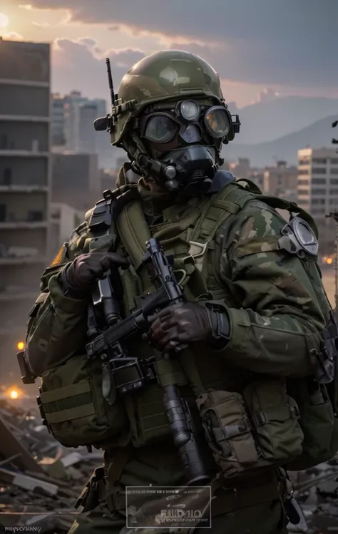 muscular male soldier, a fullface advanced gas mask and advanced night vision goggles, military helmet, green camouflage military uniform, bulletproof vest, armor on shoulders, belt with ammunition, holds a rifle, black gloves, he is outside a completely d...