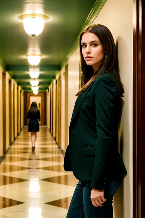 A brunette female girl with green eyes surrounded by 4 (four) men of masculine gender background of one hallway 