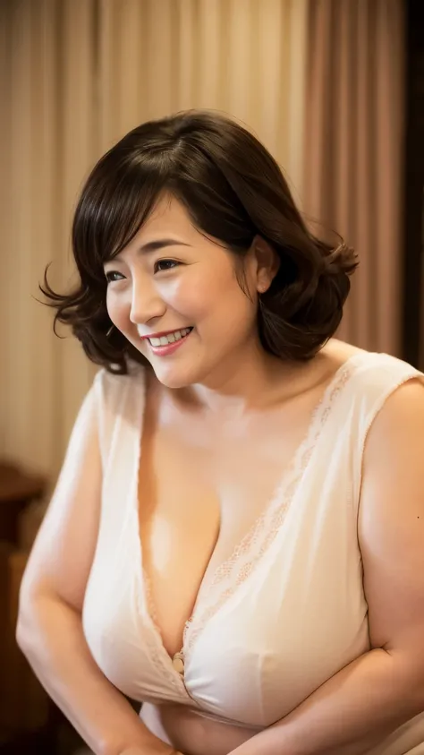 super high quality, Background Blur, In a hotel room, gravure, Look forward, 55 years old, ，Fat belly，Very plump, From the chest up, masterpiece, Highest quality, Very detailed, Realistic, Ultra-dense skin, Perfect Anatomy, Plump Mature Woman, Wrinkles aro...