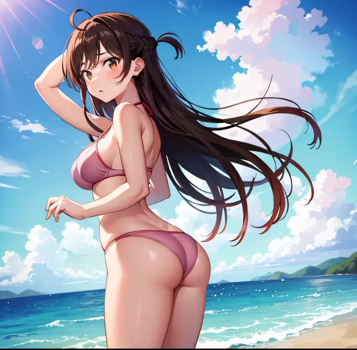 1 girl, alone, chizuru mizuhara, (masterpiece, best quality), ultra detailed, sharp focus, detailed background, detailed eyes, dynamic pose, cowboy shot, curvy body, blushing, embarrassed expression, perfect fingers, looking at viewer, brown hair, long hai...