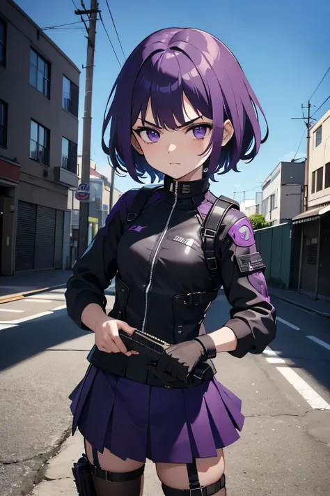 Ultra Detalhada, girl ,12 year old  , short purple hair,  angry face, black militar costume , small breasts , loi body , coldrer , equipamento tatico, cidade destruida, kevlar  armour purple detailed , skirt , knife. Post-apocalyptic .