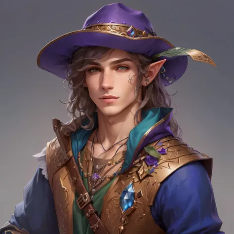 a close up of a person wearing a hat and a purple hat, portrait of a young elf wizard, a portrait of a male elf, beautiful male elf, young half elf wizard, a male elf, male elf ranger, fantasy male portrait, fantasy character portrait, detailed character p...