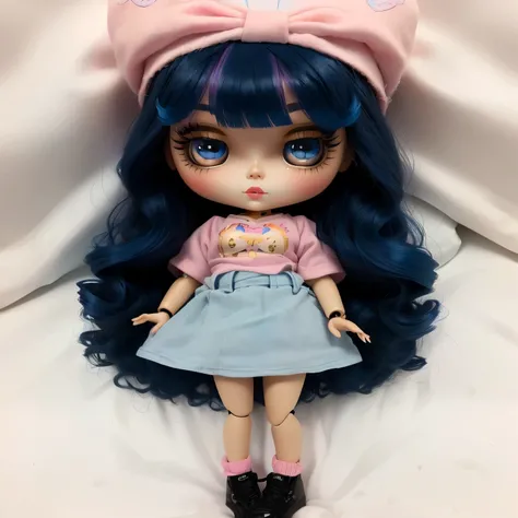 Blythe doll close up with blue and pink hair with big brown eyes and big eyelashes, gold eyebrow piercing, black t-shirt doll