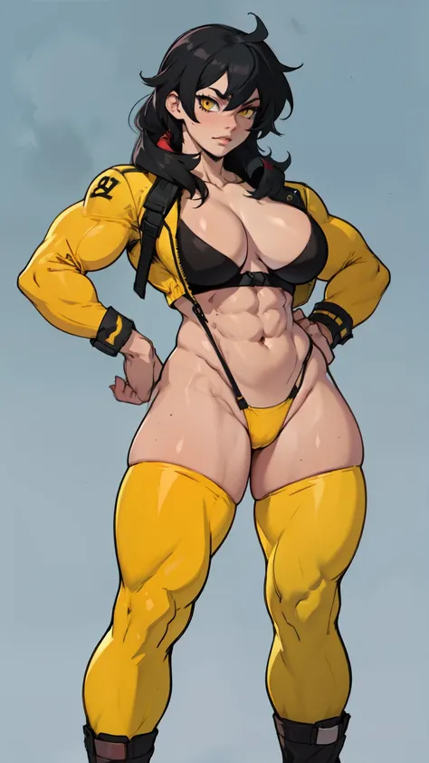 solo standing skintight ((muscular girl perfect anatomy)) toned body massive breasts yellow eyes black hair pale skin