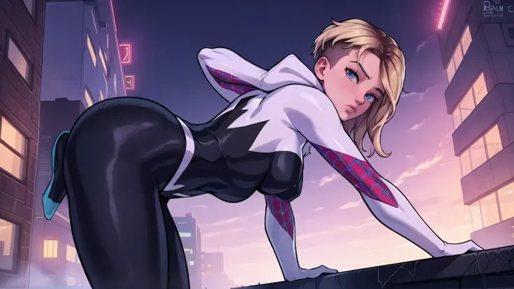 (work of art),best qualityer, blue colored eyes, medium breasts, average ass, sultry eyes, view from the top, spidergirl on top of a building in an action pose, dynamic pose, cowboy framing, nighttime city,