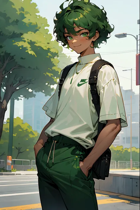 dark green hair, green eyes, smiling, curly hair, young male, lean build , teenager, white shirt, short length hair, dark skin, wearing jewlery, nike pants, nike backpack, on the street, arms in pockets
