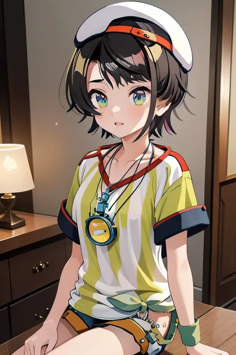 (masterpiece, Highest quality), One girl,   Asbar, short hair, cap, Sideways hat, chest, clavicle, clock, Whistle around the neck, vertical-striped shirt, tie shirt, Short sleeve, Wristband, White shorts,sit