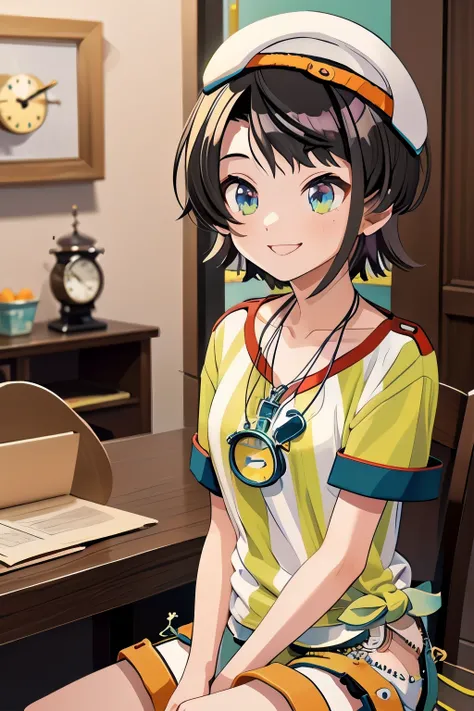 (masterpiece, Highest quality), One Girl,   Asbar, short hair, cap, Sideways hat, chest, clavicle, clock, Whistle around the neck, vertical-striped shirt, Tie Shirt, Short sleeve, Wristband, White shorts,sit、smile