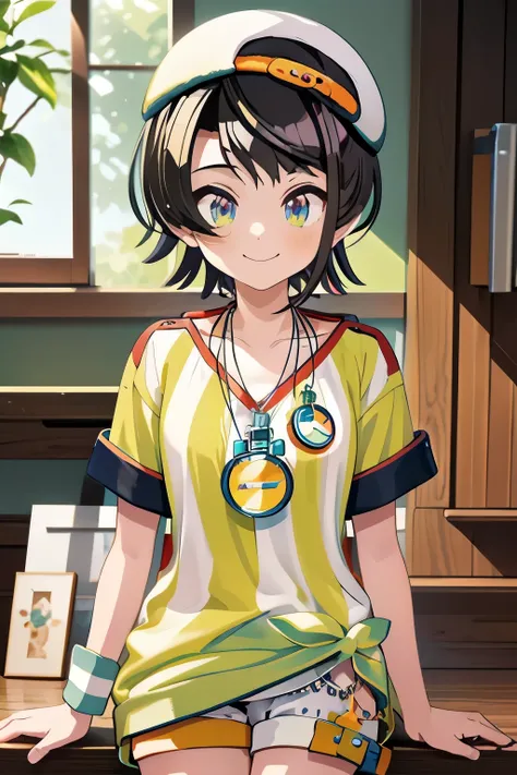 (masterpiece, Highest quality), One Girl,   Asbar, short hair, cap, Sideways hat, chest, clavicle, clock, Whistle around the neck, vertical-striped shirt, Tie Shirt, Short sleeve, Wristband, White shorts,sit、smile