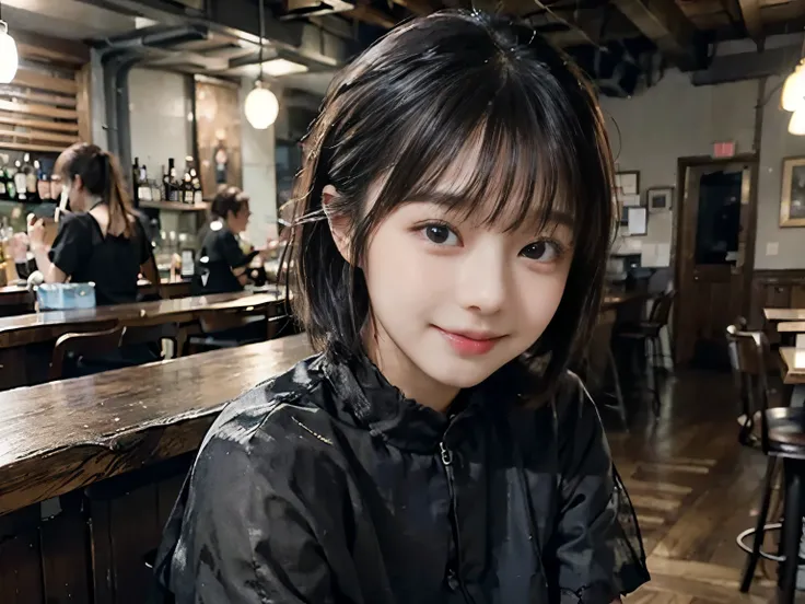 (Highest quality, masterpiece, Ultra-high resolution, 8K, RAW Photos, Realistic, Anatomically correct:1.5), 20-year-old girl:1.2, Embarrassing, avert your eyes, blush:1.0, View Viewer, ((bar)) 、Night view、 Light:1.2, Bokeh, Cinema Lighting:1.0, Depth of wr...