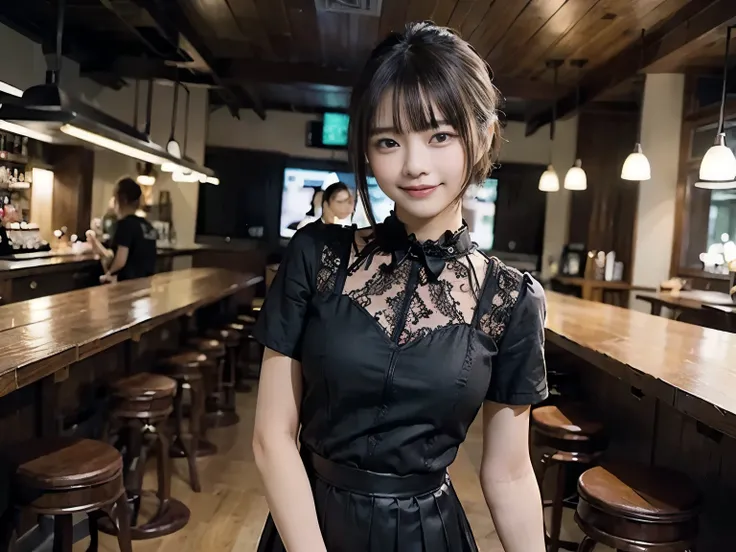 (Highest quality, masterpiece, Ultra-high resolution, 8K, RAW Photos, Realistic, Anatomically correct:1.5), 20-year-old girl:1.2, Embarrassing, avert your eyes, blush:1.0, View Viewer, ((bar)) 、Night view、 Light:1.2, Bokeh, Cinema Lighting:1.0, Depth of wr...