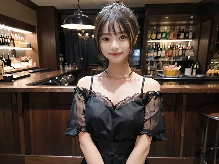 (Highest quality, masterpiece, Ultra-high resolution, 8K, RAW Photos, Realistic, Anatomically correct:1.5), 20-year-old girl:1.2, Embarrassing, avert your eyes, blush:1.0, View Viewer, ((bar)) 、Night view、 Light:1.2, Bokeh, Cinema Lighting:1.0, Depth of wr...