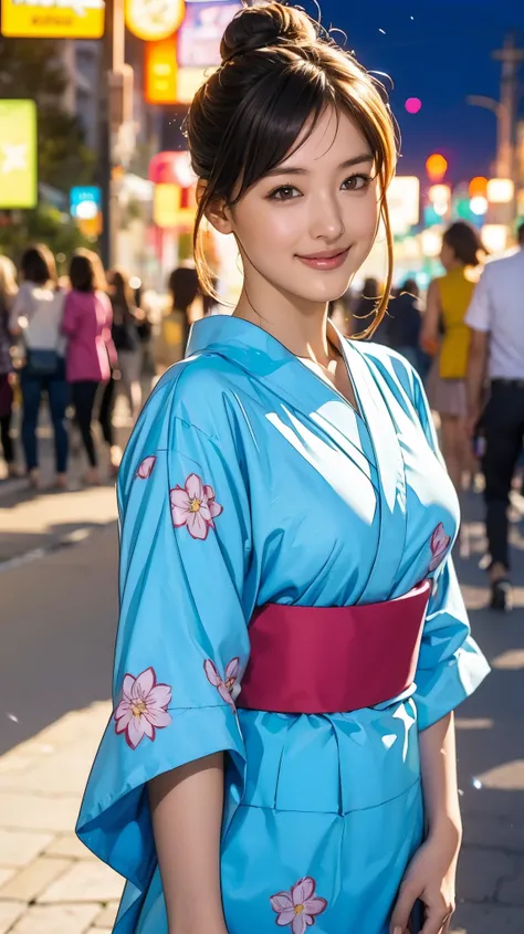 ((masterpiece)),(((Highest quality))),((Character design sheet)),A Japanese yukata with a bright floral and flower pattern in a combination of light blue and navy blue.:1.5，Stylish sandals:1.5，The best smile:1.5，Upper Body Shot:1.5，Night fireworks backgrou...