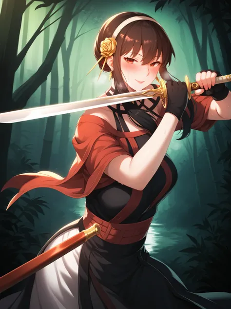 score_9, score_8_up, score_7_up, score_6_up, uncensored, Yor Briar, black hair, earrings, white hairband, hairband, long hair, sidelocks, red eyes, naughty face, shiny skin, sweating, steaming body, heavy breathing, BREAK (masterpiece:1.2), best quality, h...