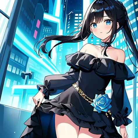 ((best quality)), ((masterpiece)), (detailed), 1girl, off-shoulder black and blue dress, black hair, blue eyes, blue neon city, nighttime 

