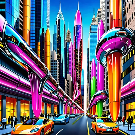 a great futuristic metropolitan made of glass and steel where tall buildings are shaped liked dildos and vehicles are individual...