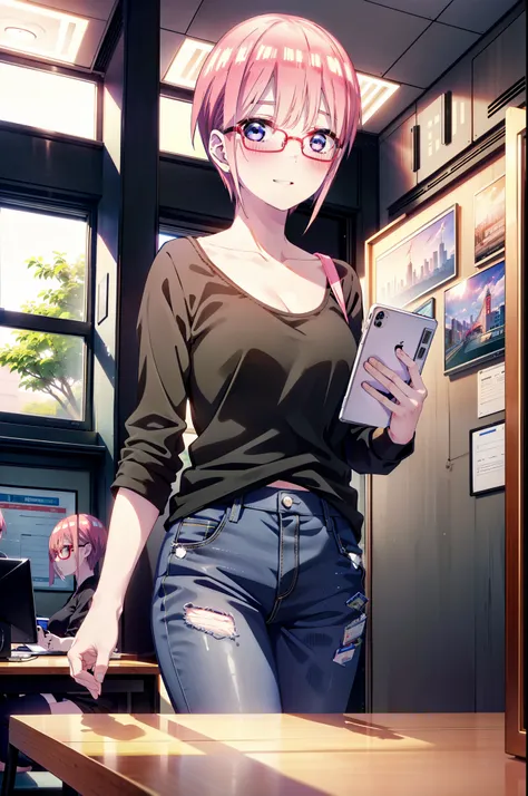 ichikanakano, Nakano Ichika, short hair, bangs, blue eyes, Hair between the eyes, Pink Hair, Grin,smile,Glasses,black tank top shirt,Skinny jeans,Stiletto heels,interior,There is a computer on the table,whole bodyがイラストに入るように,Walking,Daytime,Clear skies,
br...