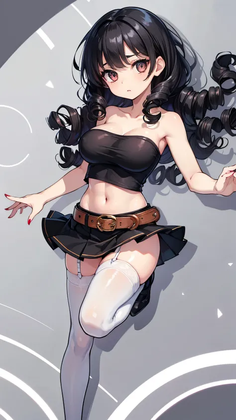 ((Highest quality)), Clean and well-groomed face, Bright and Shiny Eyes, Long eyelashes,((strapless tank top)),Navel exposed,Big Breasts, Firm Abdomen, Ultra mini skirt, belt,((Broken stockings)), Red nails,((Curly black hair))