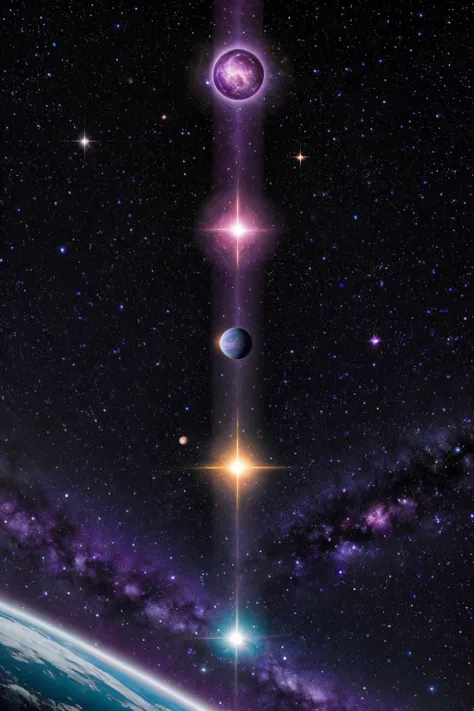 purple galaxy with planets and purple stars horizontal image