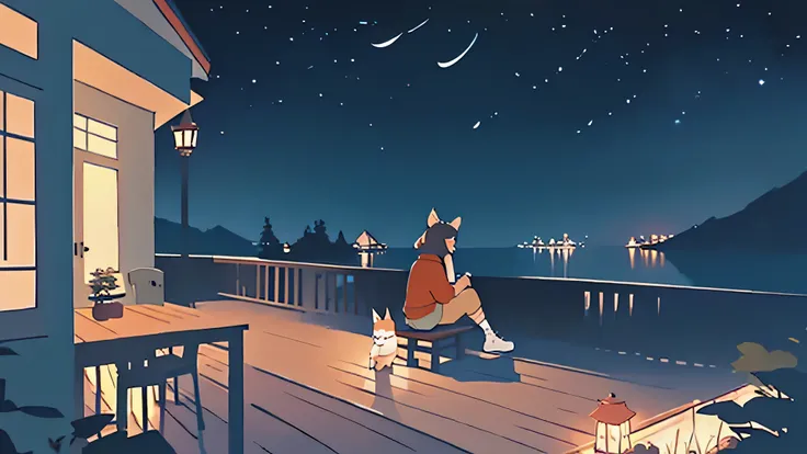 a girl sitting on a porch with a fox, with a view of the night sky