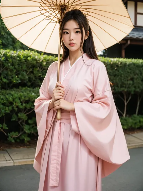 A woman holding a parasol.Japanese tween model girl.Full color photo.The resolution should be 30.4 megapixels, ISO sensitivity: 100, Shutter speed 1/2000 second. The image should be hyper-realistic, highly detailed, and high-resolution 16k.photogenic,