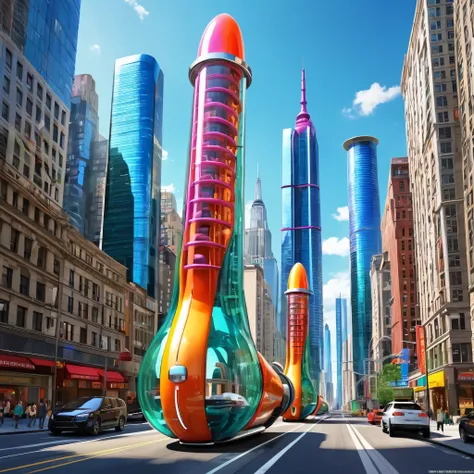 A great futuristic metropolitan made of glass and steel where tall buildings are shaped liked dildos and vehicles are individual sperm with wheels and windows moving down the streets. Tunnels look like vaginas. Hyper realistic, vibrant colors, 16k