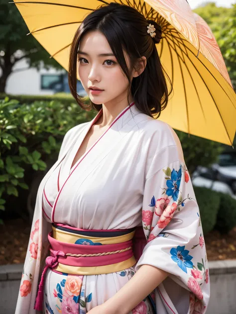 a young Japanese lady in kimonos posing for an elegant umbrella, in the style of liam sharp, 32k uhd, webcam, iPhone RAW quality photography, brightened colors, nature in theme, eve ventrue, smooth and curved lines, mid body shot, intensity but pleasent in...