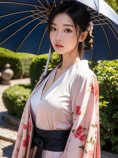 a young Japanese lady in kimonos posing for an elegant umbrella, in the style of liam sharp, 32k uhd, webcam, iPhone RAW quality photography, brightened colors, nature in theme, eve ventrue, smooth and curved lines, mid body shot, intensity but pleasent in...