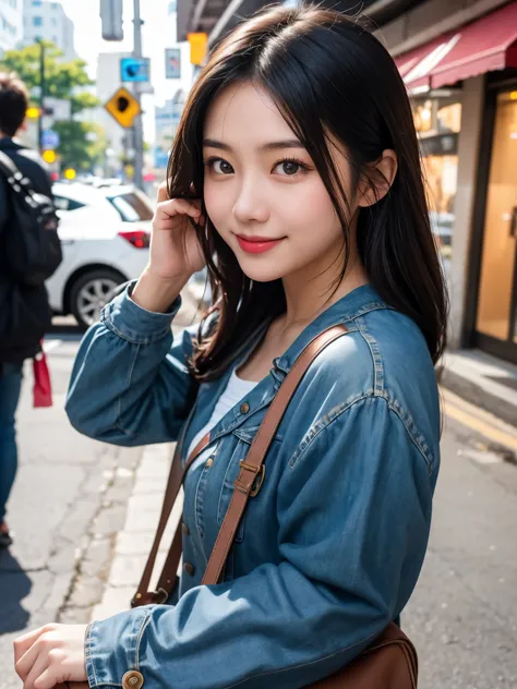 beautiful young asian girl on the street, smiling, in the style of tokina at-x 11-16mm f/2.8 pro dx ii, uhd image, salon kei, aurorapunk, shiny eyes, matte photo, zeiss batis 18mm f/2.8