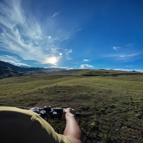 Arav view of cyclists on the grass, Extremely wide-angle shooting, Very wide angle field of view, Very wide angle shooting, Ultra wide angle拍摄, First-person perspective, First-person perspective, Ultra wide angle, Epic wide angle, First-person perspective,...