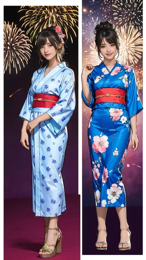 ((masterpiece)),(((Highest quality))),((Character design sheet)),Japanese yukata with flashy plant and floral patterns:1.5，Stylish sandals:1.5，The best smile:1.5，Full Body Shot:1.5，Night fireworks background:1.5，Flashy makeup with red eyeshadow:1.5，Bun Hai...