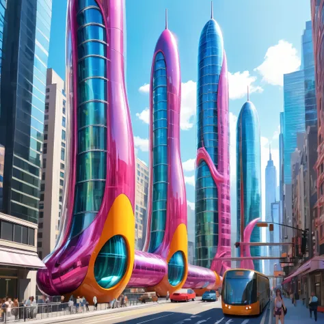 a great futuristic metropolitan made of glass and steel where tall buildings are shaped liked dildos and vehicles are individual...