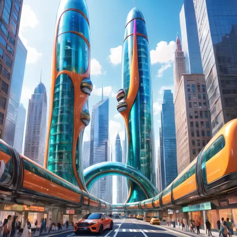 a great futuristic metropolitan made of glass and steel where tall buildings are shaped liked dildos and vehicles are individual...