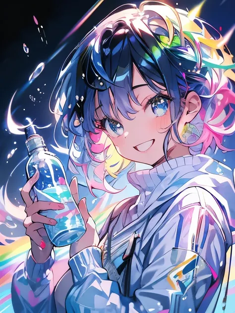 masterpiece、girl、Rainbow Hair、Sparkling eyes、smile、Water splash background、Holding a plastic bottle、