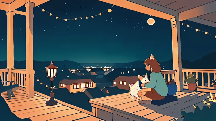 a girl sitting on a porch with a fox, with a view of the night sky