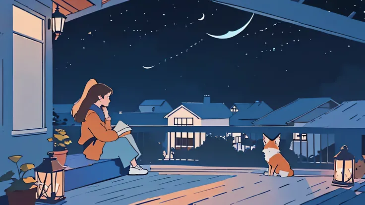 a girl sitting on a porch with a fox, with a view of the night sky