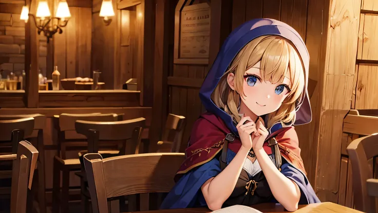 Very high quality, medieval tavern, guild-style, beautiful girl in a cloak