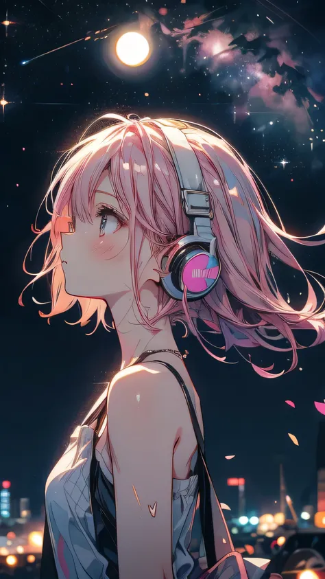 Pink Hair，whole body,Forward-facing angle,Wearing a white tank top,Light clothing in summer，night starry sky background，Sad expression，Double Tail,headphone,night,moon,Star,Meteor,Looking up at the stars,Full moon,Many Stars,milky way