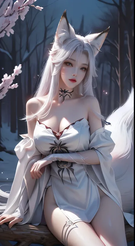 Fox ears white hair girl，full bodyesbian，Painting of a fox with white hair sitting on a branch，ethereal fox，nine tail fox，Fox three-tailed fox，Onmyoji detailed art，Nine tails，A beautiful artwork illustration，mythological creatures，red fox，Combat posture，Be...