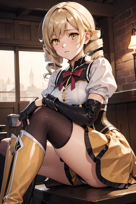 sleepy, Tomomi, Blonde, Drill Hair, Twin Drill, (Yellow Eyes:1.3),break boots, Brown footwear, brown gloves, corset, Removable sleeves, fingerless gloves, gloves, Have, Juliet Sleeve, Knee Boots, Long sleeve, Magical girl, Puffy sleeves, skirt, Striped, St...