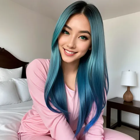 photo of (emikin:0.99), woman as a sexy TikTok influencer, cobalt hair, blue hair , teal hair , long hair, woman with Asian features, 24-year-old (green-eyed woman), green eyes,  She has a small elegant nose with a slight upward curve at the tip. Her lips ...