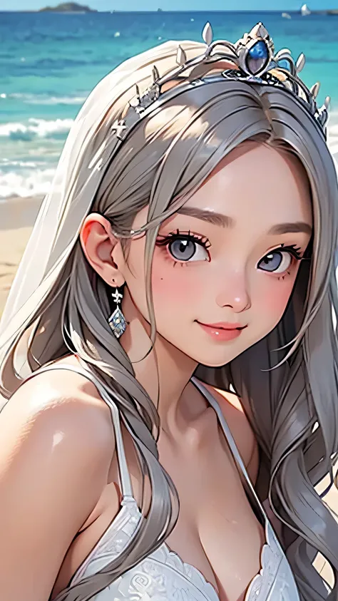 highest quality、Realistic、zoom、Chestnut Hair、Gray Eyes、Silver Hair、Wedding dress、tiara、Sunburned、Tan、Brown Skin、Sweat、smile、、Ocean、Chubby、