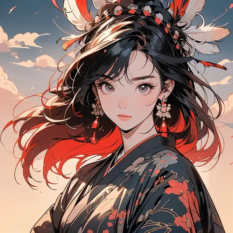 kimono, Perfect kimono, ultra detailed kimono, first-class, ultra detailed,(((ultra detailed ornament))),One Woman, Perfect Face, Faint lighting, (((head shot))), ultra detailed hair、(((Sparkling Eyes))),mysterious, The wind is blowing, Panorama, Long Shot...